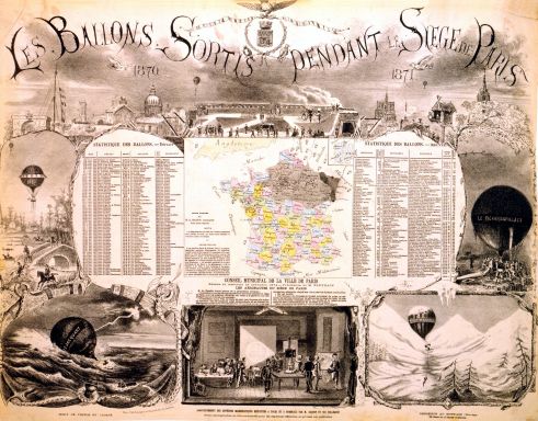 Poster of balloon flights during the siege of Paris, showing their landing location. (c. 1880, by M. Mangin, via Wikipedia.)