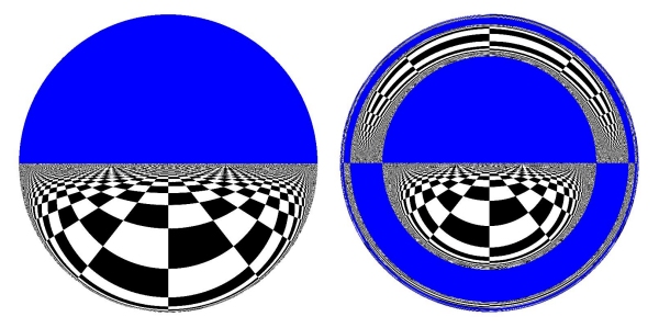Two views through an electromagnetic wormhole; the left is for a very short hole, while the right is for a large one.  Image from paper, via PhysicsWorld.