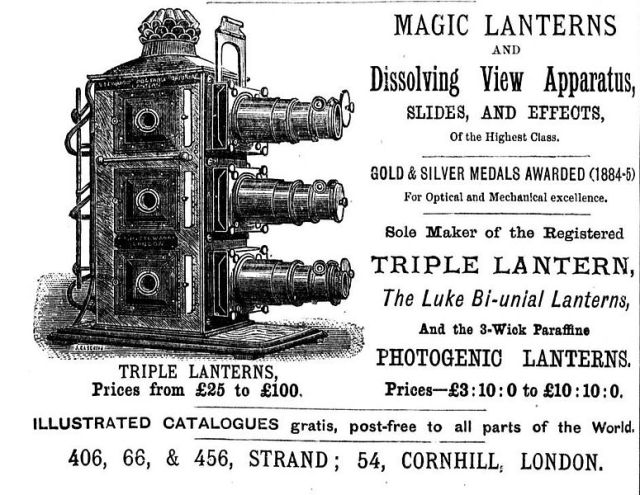 1886 advertisement for a "triple lantern," via Wikipedia.