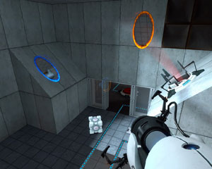 The Portal Gun, a pair of portals and the "companion cube." Via Wikipedia.