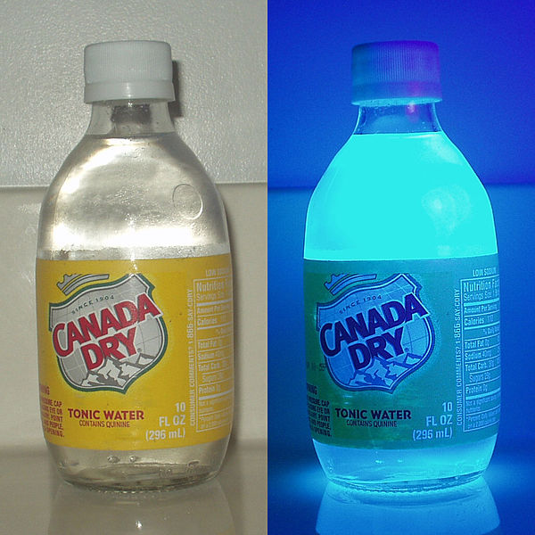 Tonic water fluorescing blue under UV light, via Wikipedia. (Gotta try this myself soon!)
