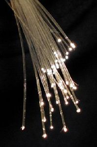 The end of a bundle of fiber optic cables, showing the light emerging.  Via Wikipedia.