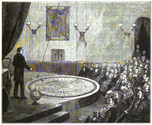 Illustration of an 1861 Foucault pendulum demonstration at the London Polytechnic Institute.  Image from The World of Wonders (1883).