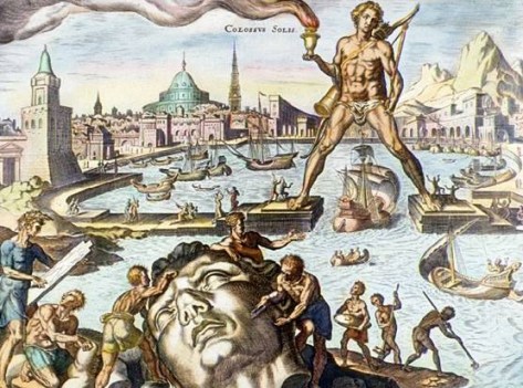 The Colossus of Rhodes, and its ruin, as imagined by Heemskerck.