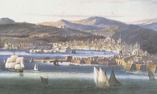 Genoa, circa 1810, as painted by Ambroise Louis Garneray, via Wikipedia.