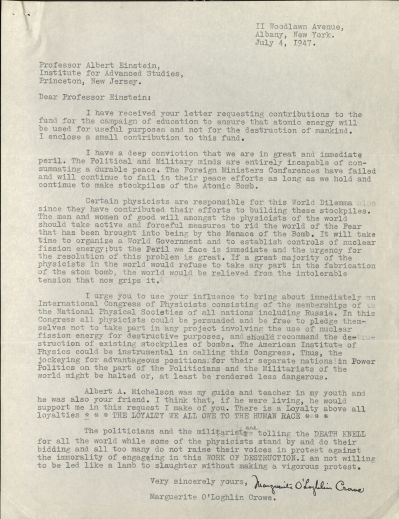 Letter from Marguerite O'Loghlin Crowe to Albert Einstein, 1947.  Via the LIbrary at Oregon State.