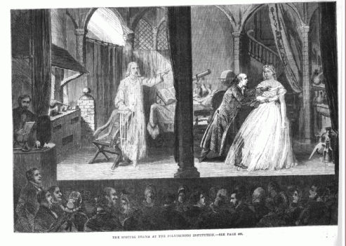 Illustration of the "Spectre drama," as it appeared in the May 2, 1863 edition of The Illustrated London News.
